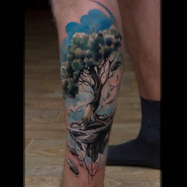 Classic Tree Tattoo On Leg Calf By Pavel Roch