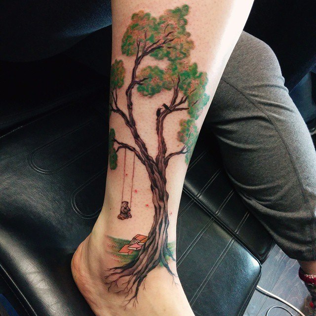 Classic Tree Tattoo On Side Leg Calf