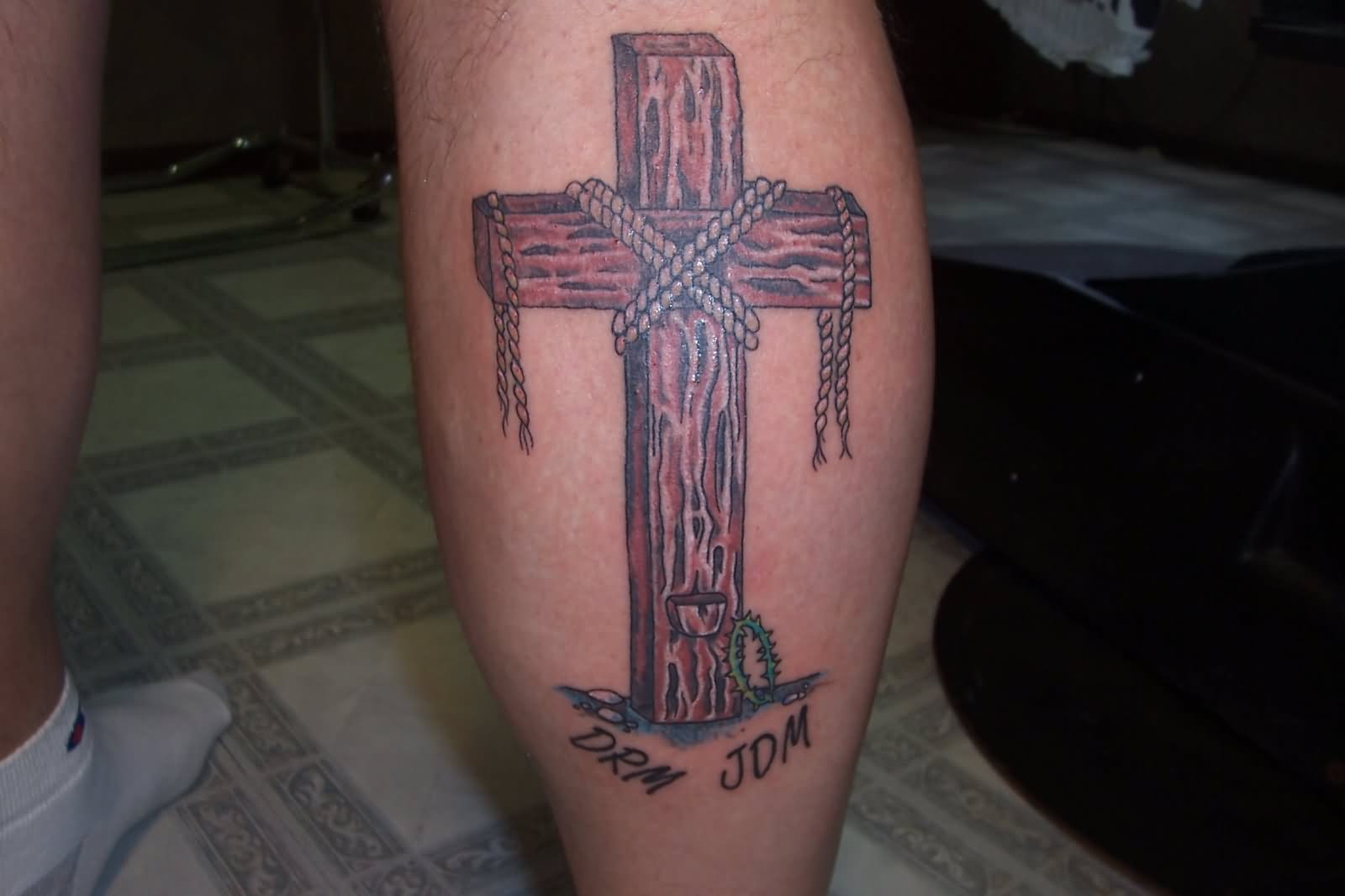 Classic Wooden Cross Tattoo On Right Leg Calf