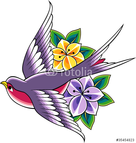 Color Flowers And Sparrow Tattoo Design