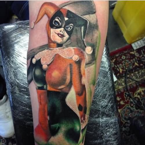 Color Harley Quinn Tattoo On Left Forearm
