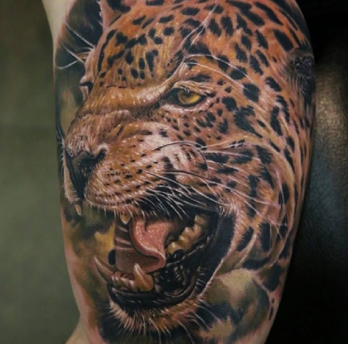 Color Jaguar Head Tattoo On Left Half Sleeve