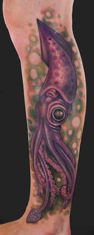 Color Squid Tattoo On Left Leg