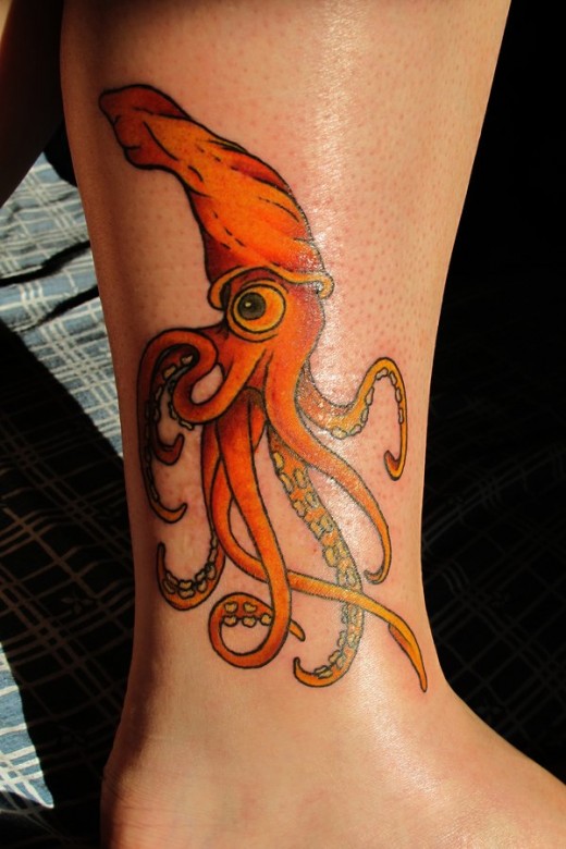 Color Squid Tattoo On Leg