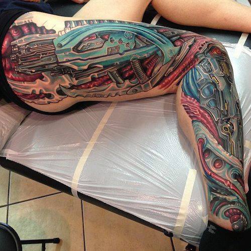 Colored Biomechanical Tattoo On Right Full Leg