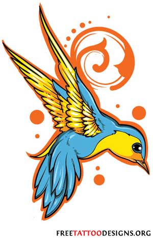 Colored Flying Sparrow Tattoo Design