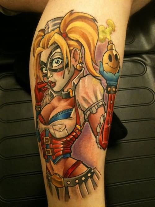 Colored Harley Quinn Girl Tattoo On Leg
