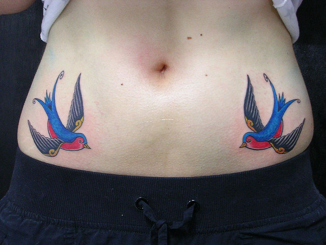 Colored Sparrow Tattoos On Both Hips