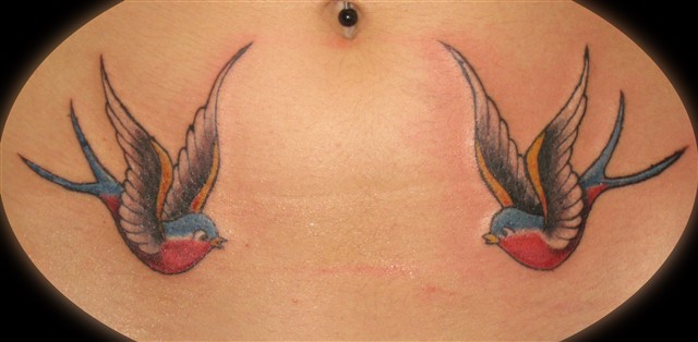 Colored Sparrow Tattoos On Hip