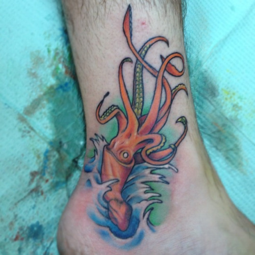 Colored Squid Tattoo On Ankle