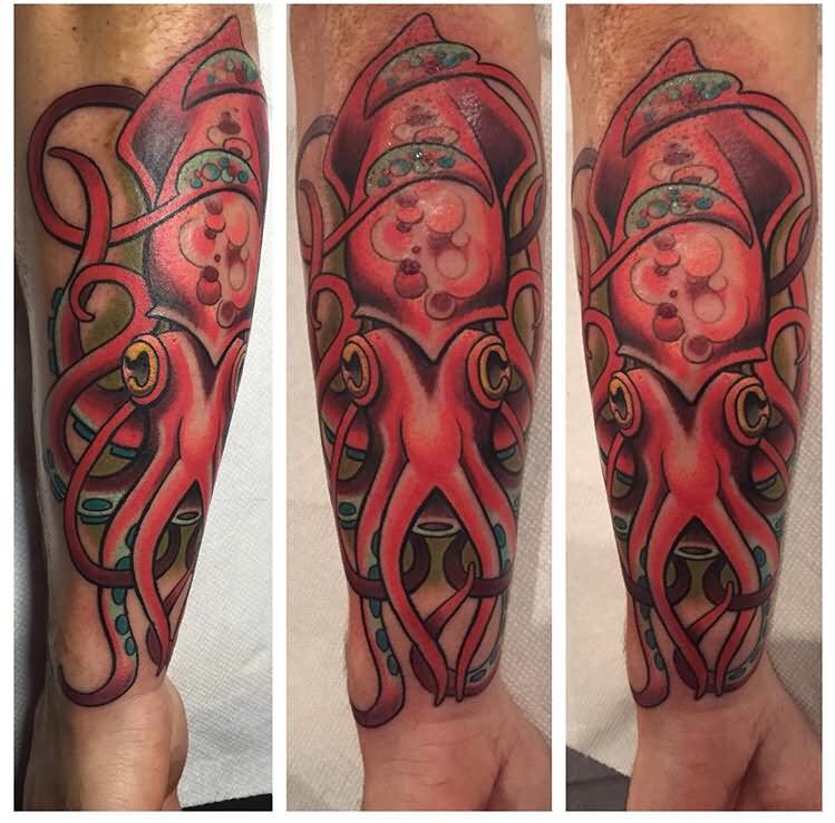 Colored Squid Tattoo On Forearm