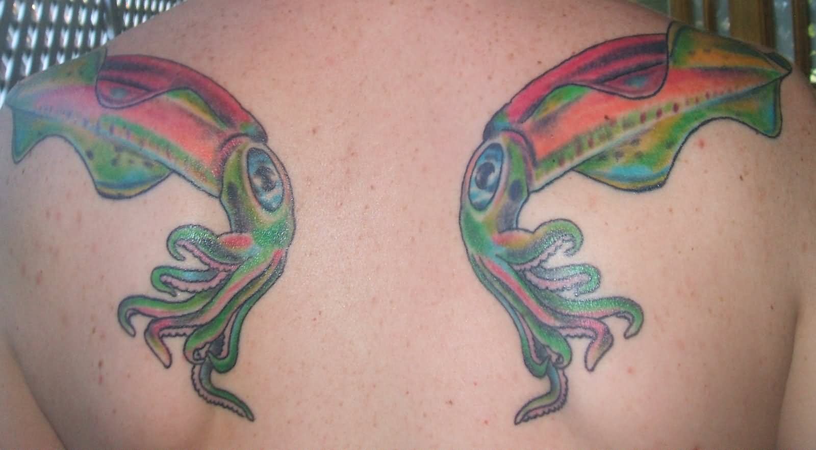 Colored Squid Tattoos On Both Back Shoulders