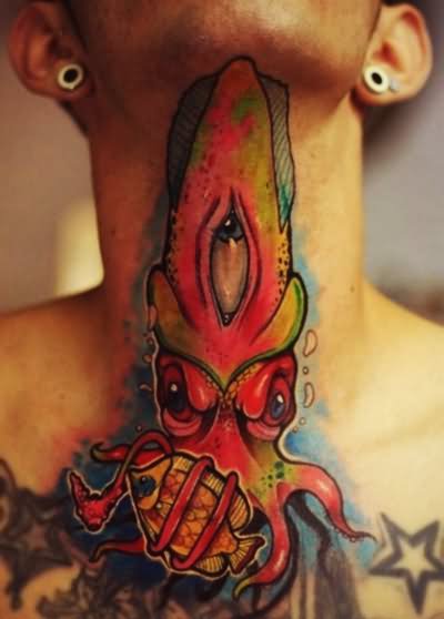 Colorful Angry Squid Tattoo On Neck