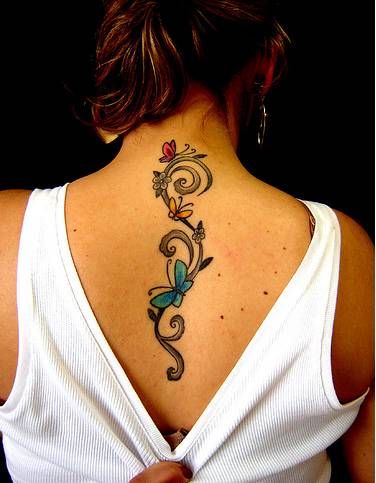Colorful Butterflies Tattoo On Women Upper Back