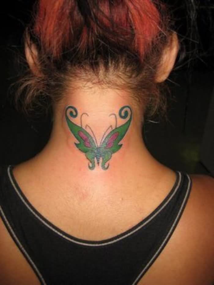 Colorful Butterfly Tattoo On Women Back Neck