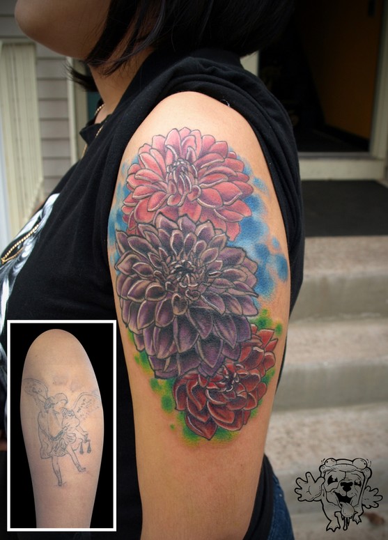 Colorful Dahlia Flowers Tattoo On Left Half Sleeve
