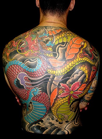 Colorful Dragon And Snake Tattoo Full Back