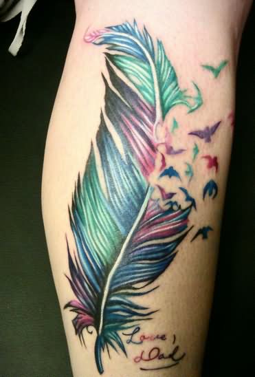 Colorful Feather With Flying Bird Tattoo Design For Leg Calf