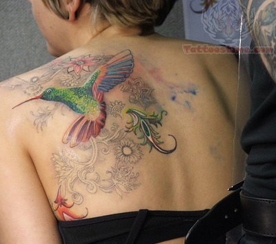 Colorful Flying Bird Tattoo On Women Left Back Shoulder