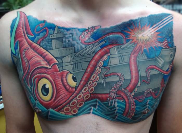Colorful Giant Squid Tattoo On Man Chest