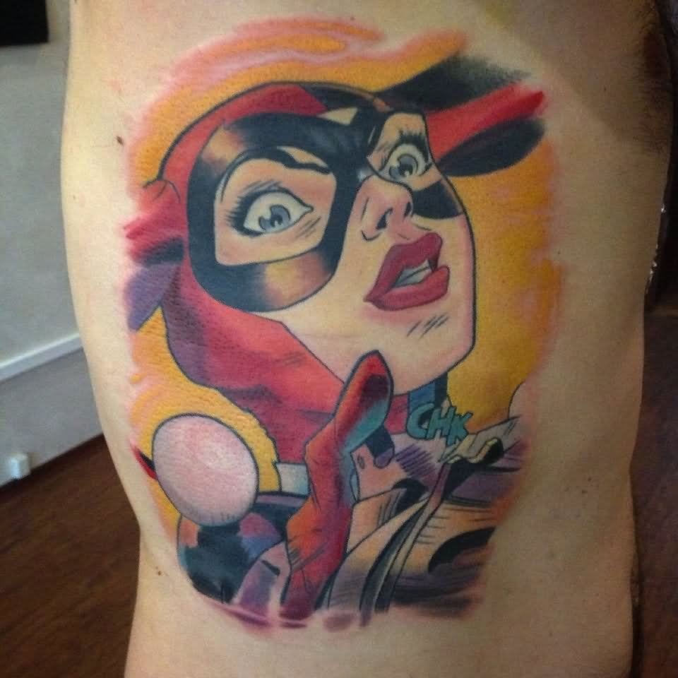 Colorful Harley Quinn Head Tattoo