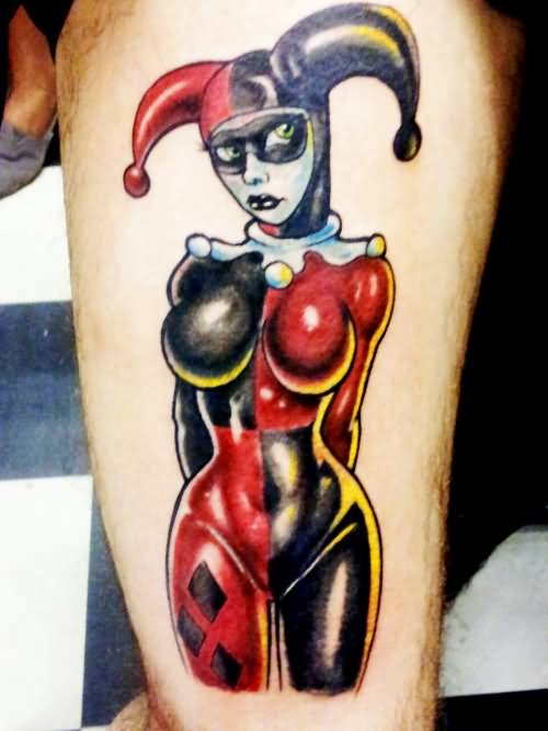 Colorful Harley Quinn Tattoo On Thigh