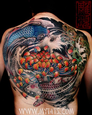 Colorful Koi Fishes Tattoo On Back