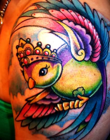 Colorful Queen Flying Sparrow Tattoo On Shoulder by Jfilthy