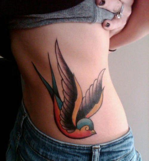 Colorful Sparrow Tattoo On Girl Side Rib