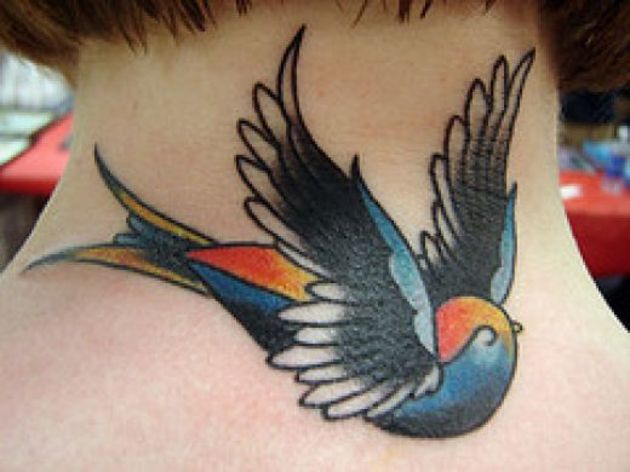 Colorful Sparrow Tattoo On Nape