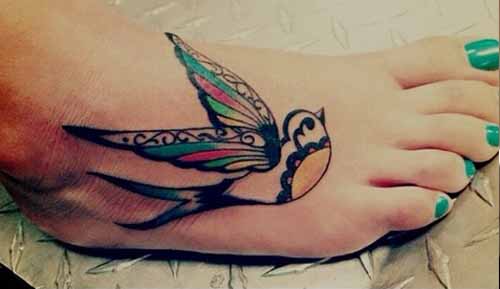 Colorful Sparrow Tattoo On Right Foot