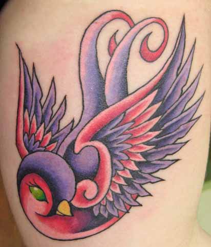 Colorful Sparrow Tattoo On Thigh