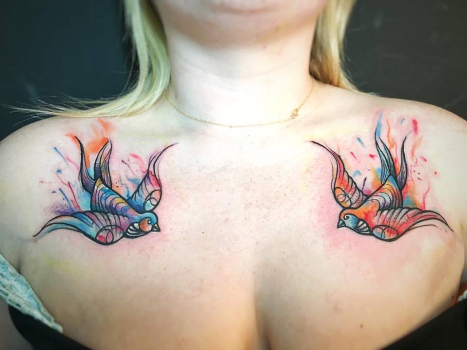 Colorful Sparrow Tattoos On Front Shoulders