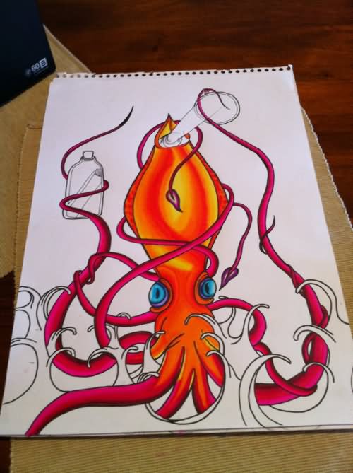Colorful Squid Tattoo Design Flash