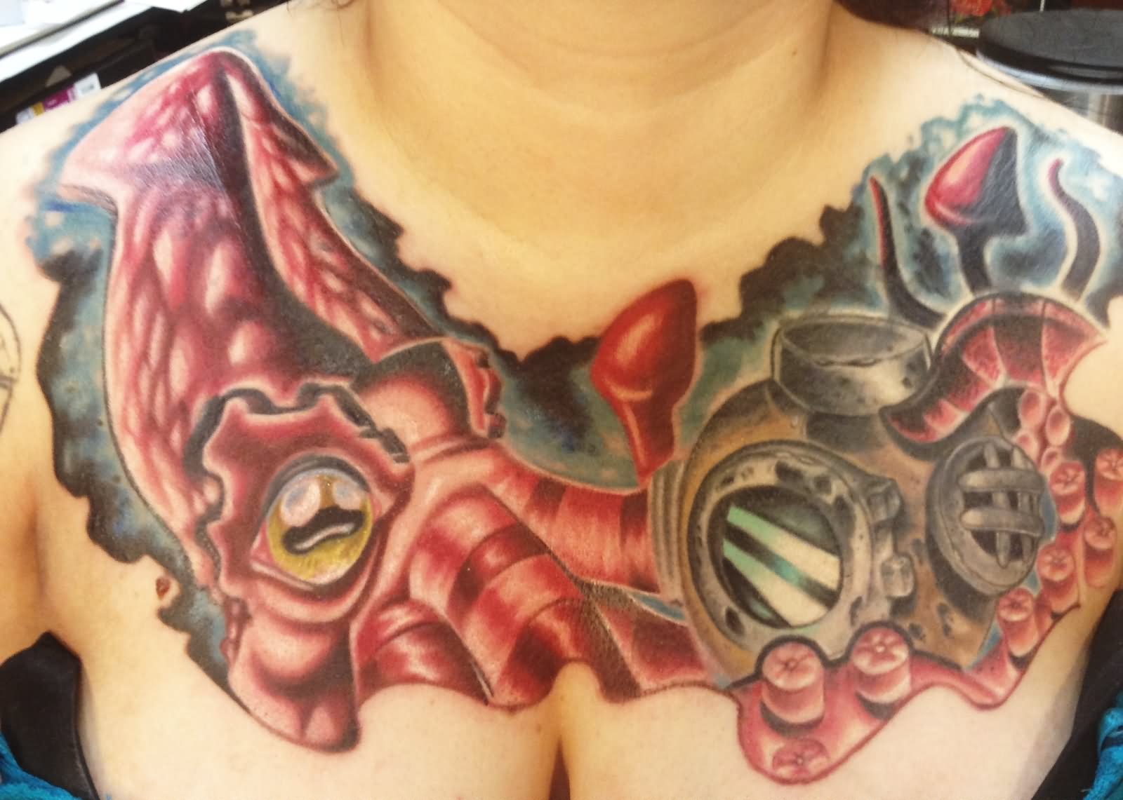 Colorful Squid Tattoo On Chest