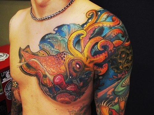 Colorful Squid Tattoo On Man Chest