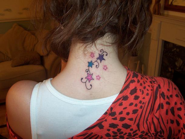 Colorful Stars Tattoo On Girl Back Neck