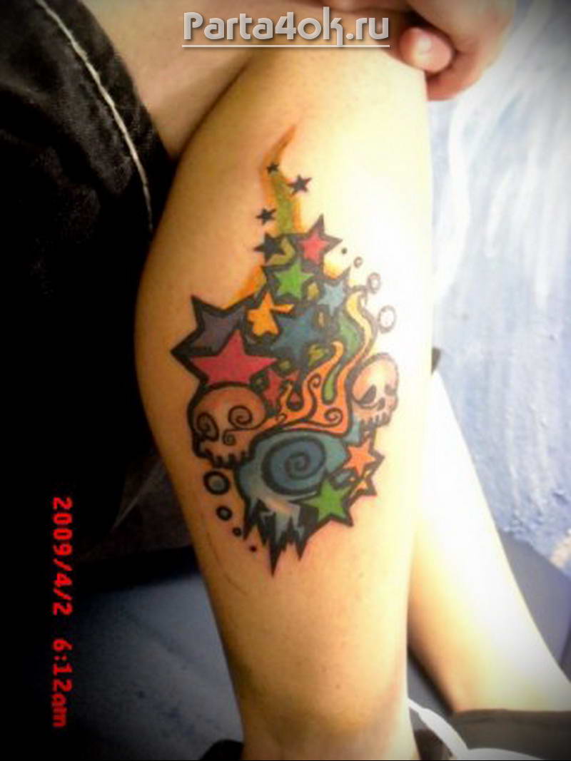 Colorful Stars With Skulls Tattoo On Girl Right Leg Calf