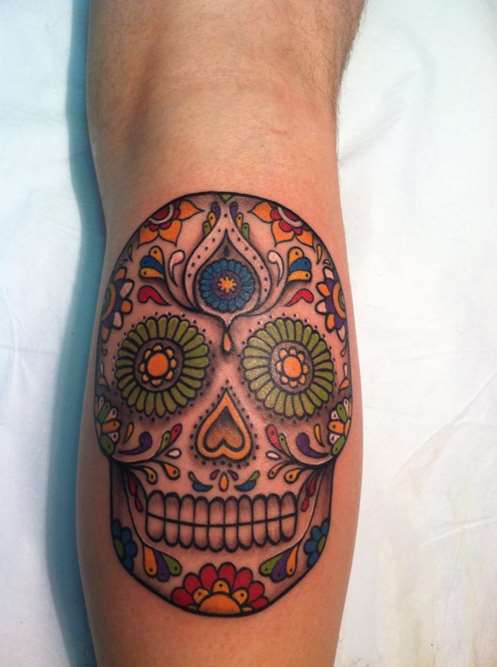 Colorful Sugar Skull Tattoo Design For Leg Calf