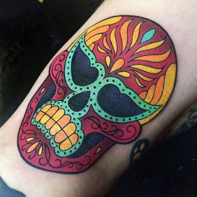 Colorful Sugar Skull Tattoo by Megan Massacre