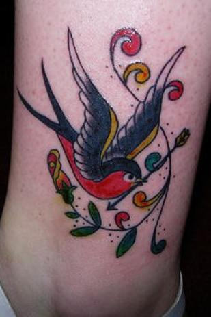 Colorful Traditional Sparrow Tattoo On Leg