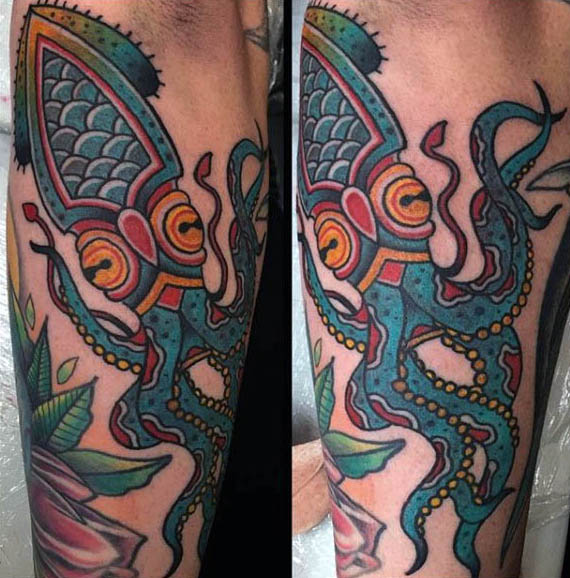 Colorful Traditional Squid Tattoo