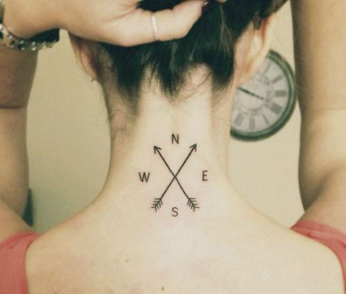 Compass Tattoo On Girl Back Neck