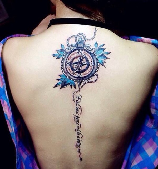 Compass With Flowers Tattoo On Women Upper Back
