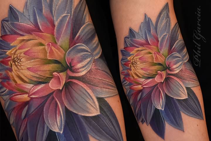 Cool 3D Dahlia Flower Tattoo Design For Arm