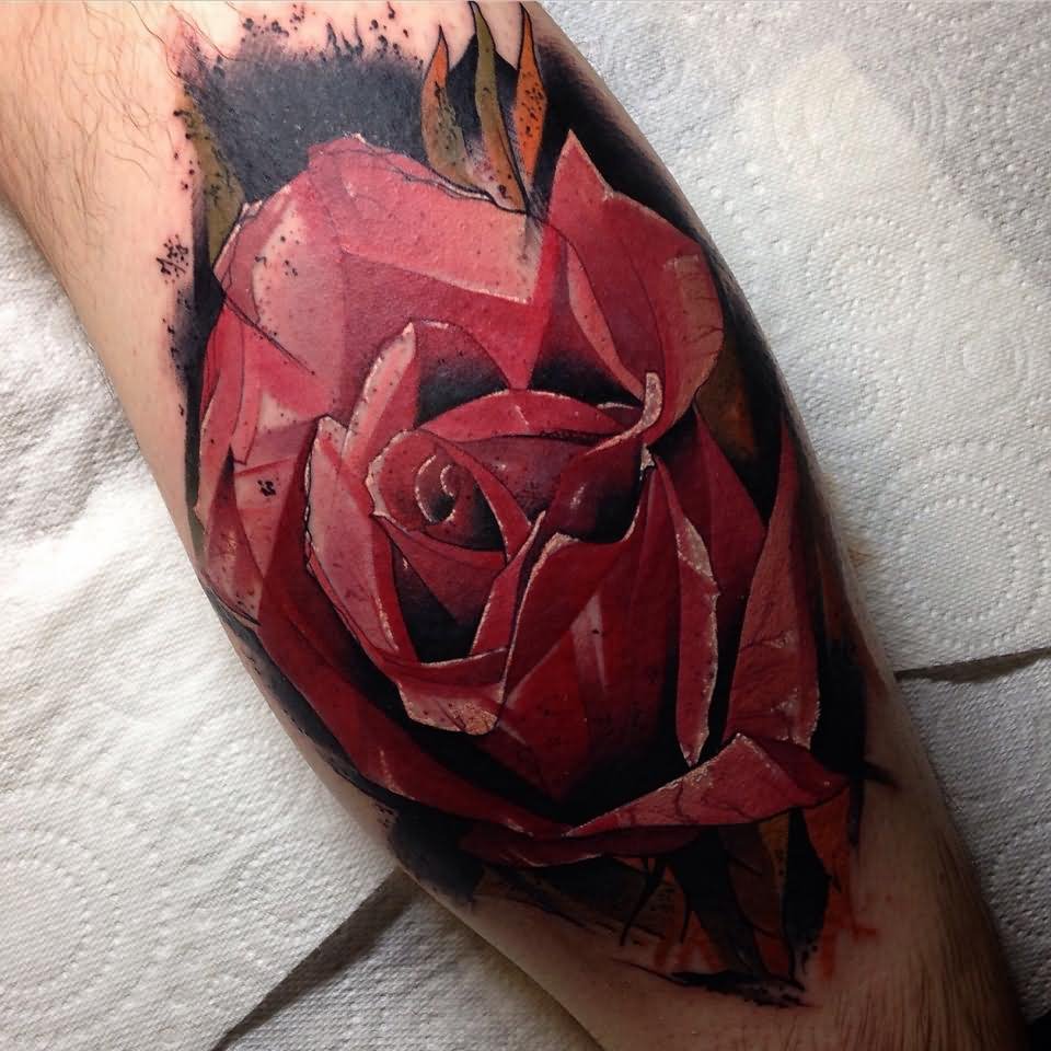 Cool Abstract Rose Tattoo Design For Girl Leg Calf By Phil Wilkinson