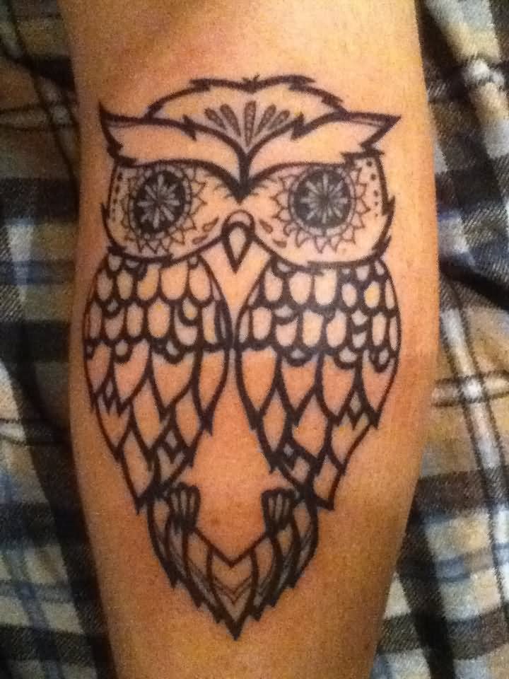 Cool Black Outline Owl Tattoo Design For Leg Calf By Mike K