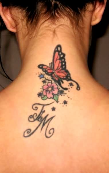 Cool Butterfly With Flower Tattoo On Girl Back Neck
