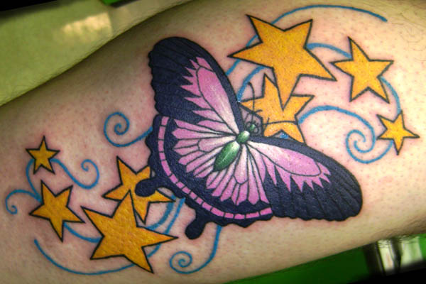 Cool Butterfly With Stars Tattoo Design For Girl Leg