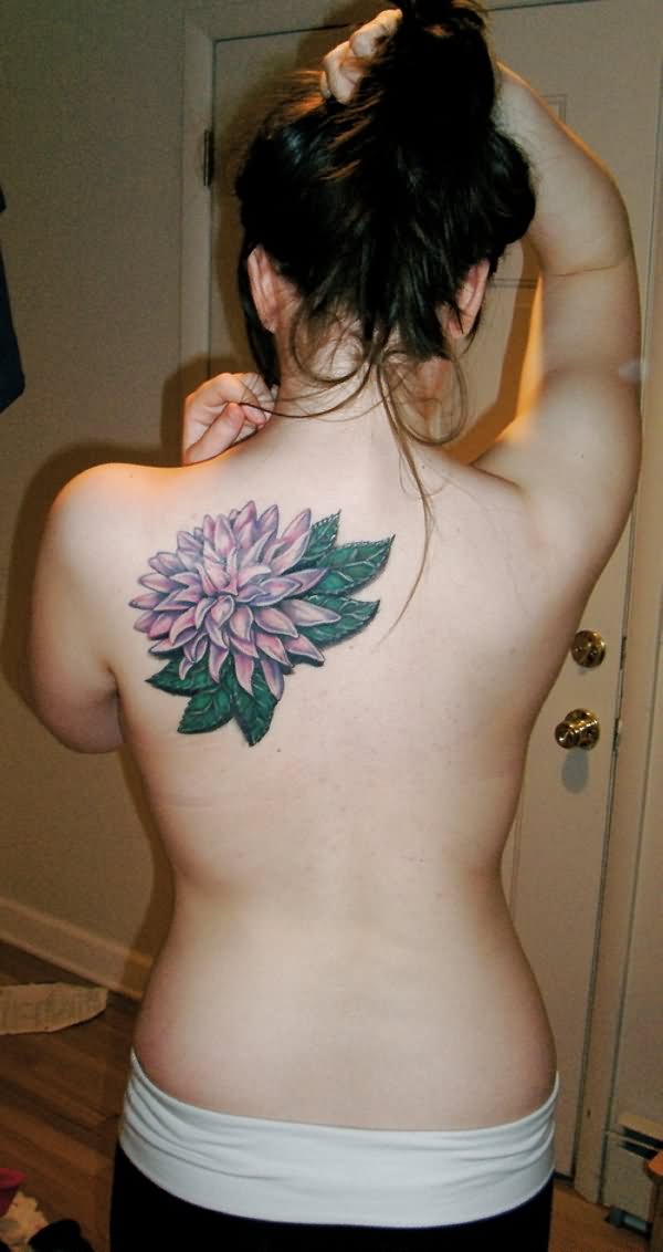 Cool Dahlia Flower Tattoo On Girl Left Back Shoulder